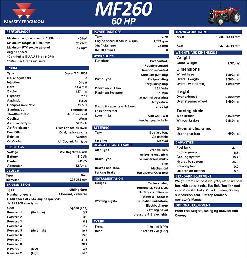 MF 260 tractors techical specifications